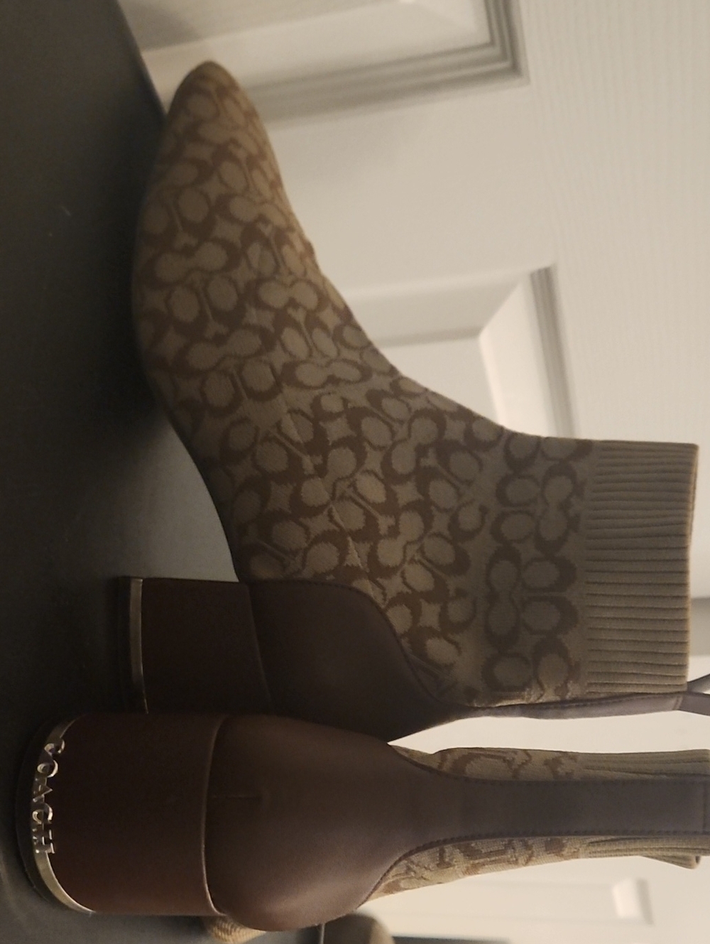 Coach Tan/Brown Signature Knit Sock Booties with Block Heel